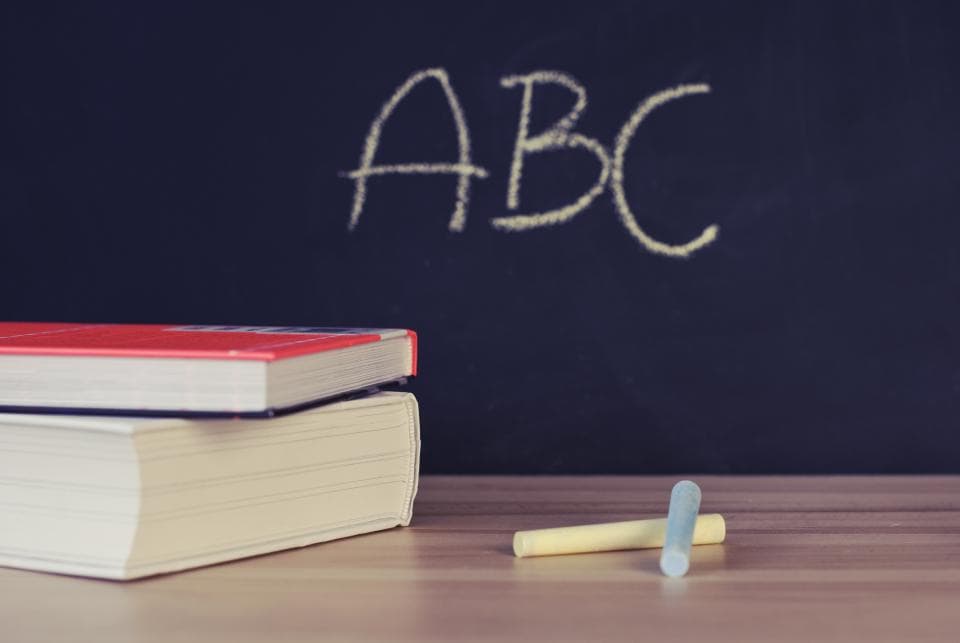 Books and chalk in front of a blackboard with ABC written on it